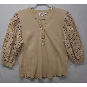 Chicos Womens Plus Size Top 3 Quarter Sleeves Eyelet  2XL 4‎ Beige Cottagecore